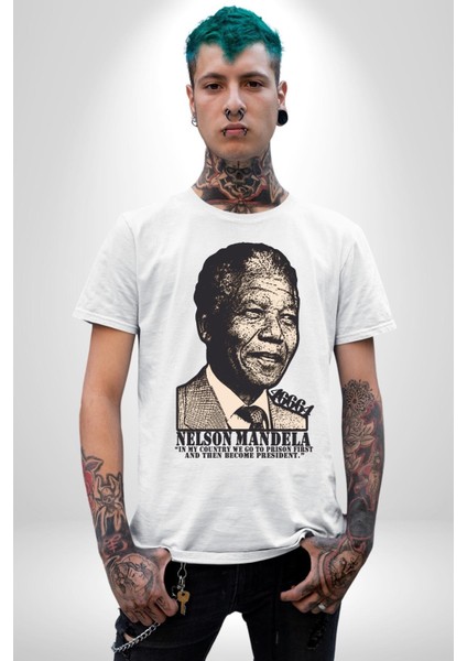 Nelson Mandela Kadın Erkek Unisex Beyaz Organik Baskılı T-Shirt Penye Yüksek Kalite modelleri