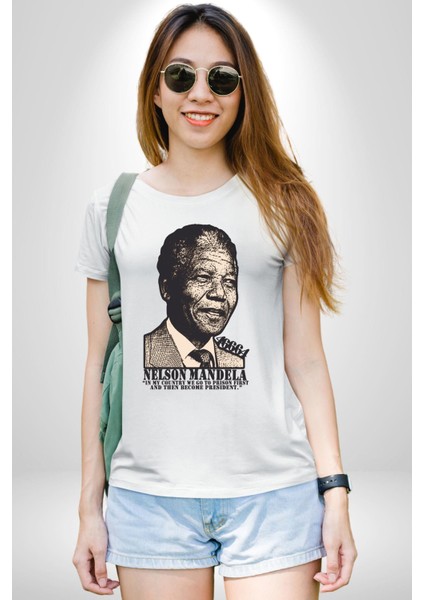 Nelson Mandela Kadın Erkek Unisex Beyaz Organik Baskılı T-Shirt Penye Yüksek Kalite fırsatları