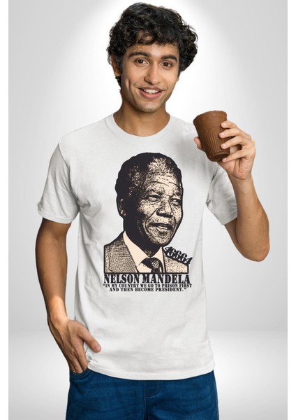 Nelson Mandela Kadın Erkek Unisex Beyaz Organik Baskılı T-Shirt Penye Yüksek Kalite indirimleri