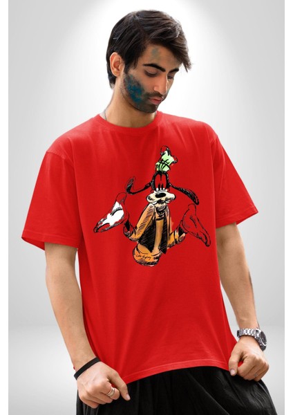 Goofy Özel Tasarım Pamuklu Bisiklet Yaka Kadın Erkek Oversize Boyfriend Dijital Baskılı Kırmızı T-Shirt