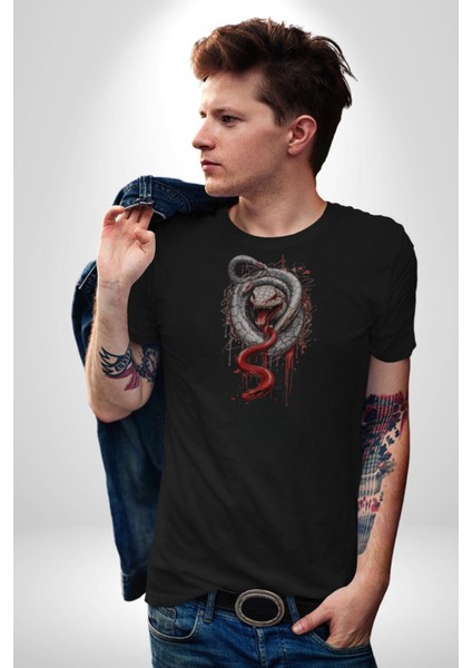 Siyah ve Kırmızı Yılan Kadın Erkek Unisex Siyah Organik Baskılı T-Shirt Penye Yüksek Kalite