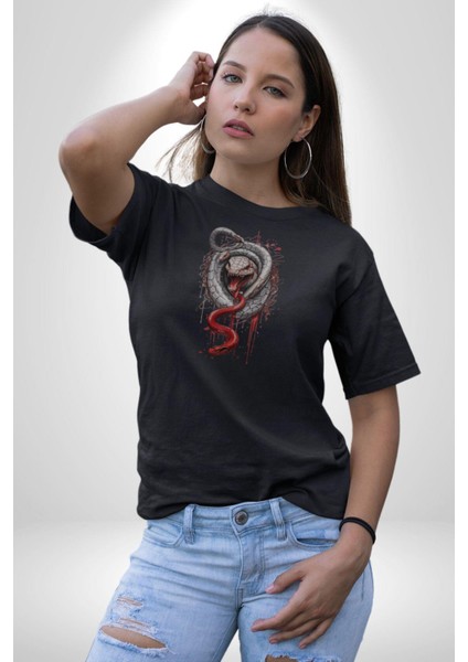 Siyah ve Kırmızı Yılan Kadın Erkek Unisex Siyah Organik Baskılı T-Shirt Penye Yüksek Kalite fiyatları