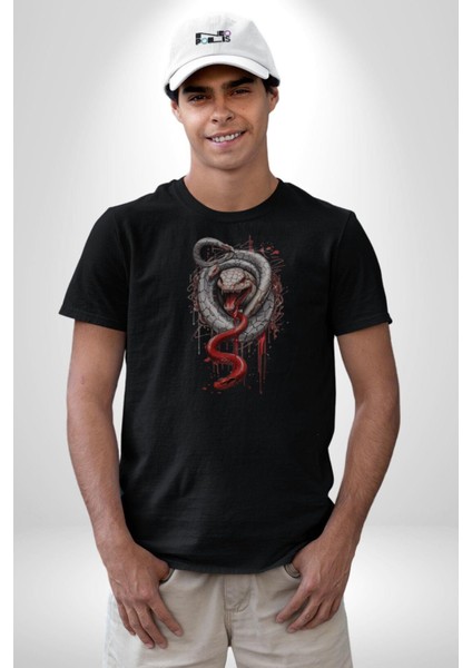 Siyah ve Kırmızı Yılan Kadın Erkek Unisex Siyah Organik Baskılı T-Shirt Penye Yüksek Kalite fırsatları