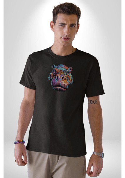 Su Aygırı Hipopotamo Renkli Kadın Erkek Unisex Siyah Organik Baskılı T-Shirt Penye Yüksek Kalite