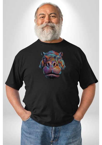 Su Aygırı Hipopotamo Renkli Kadın Erkek Unisex Siyah Organik Baskılı T-Shirt Penye Yüksek Kalite