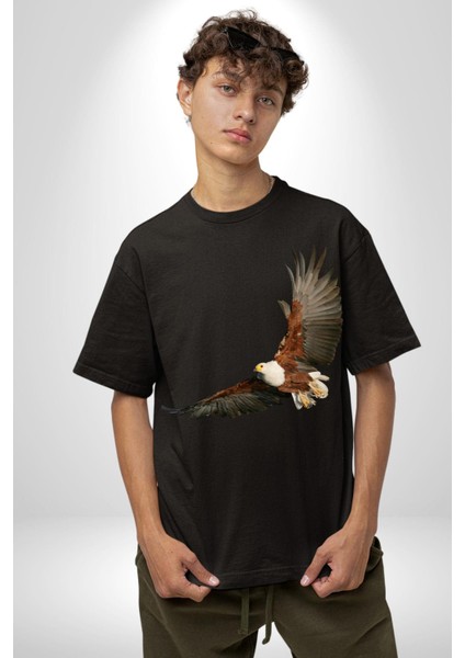Kartal Özgürlük Pamuklu Bisiklet Yaka Kadın Erkek Oversize Boyfriend Dijital Baskılı Siyah T-Shirt