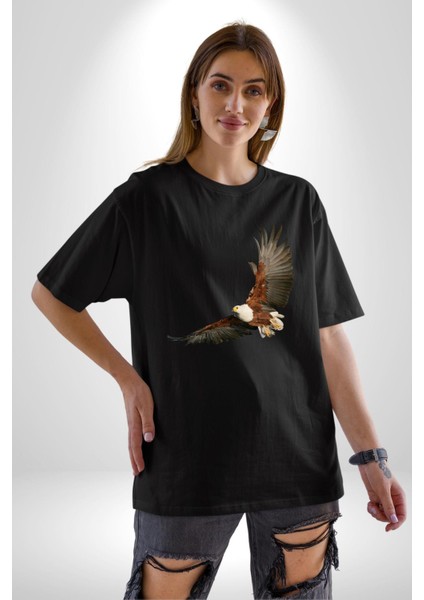 Kartal Özgürlük Pamuklu Bisiklet Yaka Kadın Erkek Oversize Boyfriend Dijital Baskılı Siyah T-Shirt