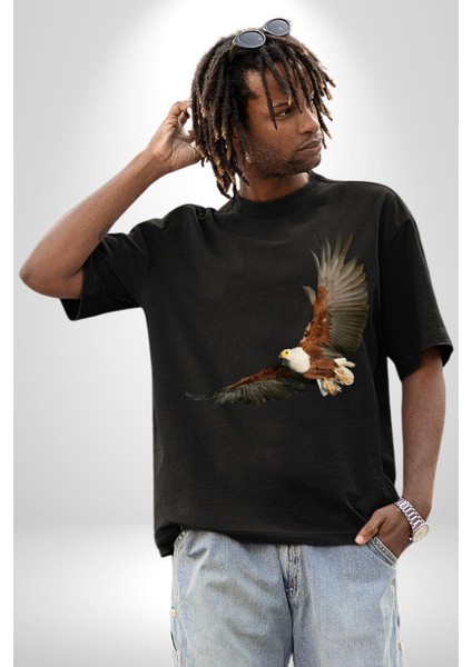 Kartal Özgürlük Pamuklu Bisiklet Yaka Kadın Erkek Oversize Boyfriend Dijital Baskılı Siyah T-Shirt