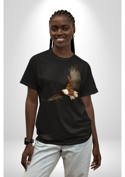 Kartal Özgürlük Pamuklu Bisiklet Yaka Kadın Erkek Oversize Boyfriend Dijital Baskılı Siyah T-Shirt
