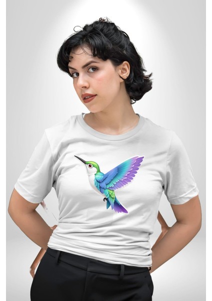 Sinek Kuşu Renkli Kadın Erkek Unisex Beyaz Organik Baskılı T-Shirt Penye Yüksek Kalite fiyatları