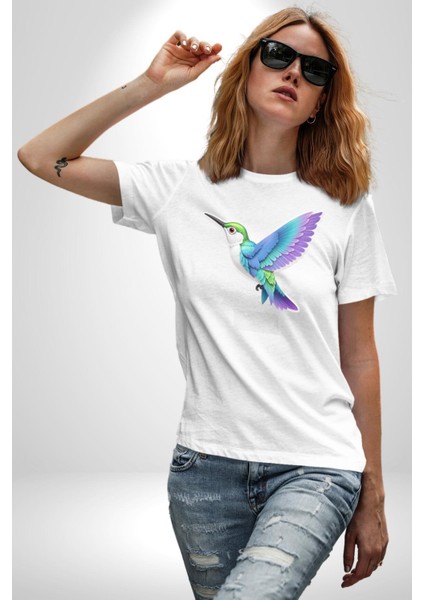 Sinek Kuşu Renkli Kadın Erkek Unisex Beyaz Organik Baskılı T-Shirt Penye Yüksek Kalite fırsatları