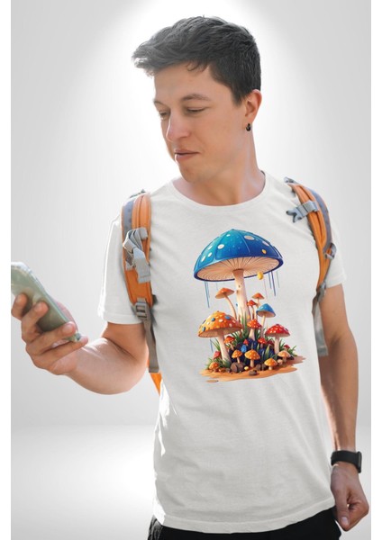 Renkli Mantar Süsler Kadın Erkek Unisex Beyaz Organik Baskılı T-Shirt Penye Yüksek Kalite