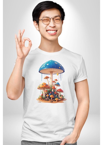 Renkli Mantar Süsler Kadın Erkek Unisex Beyaz Organik Baskılı T-Shirt Penye Yüksek Kalite fiyatları