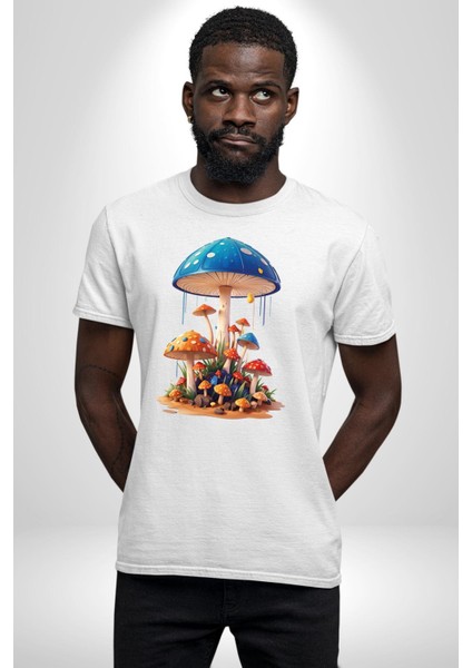 Renkli Mantar Süsler Kadın Erkek Unisex Beyaz Organik Baskılı T-Shirt Penye Yüksek Kalite modelleri