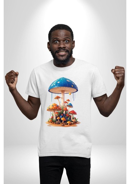 Renkli Mantar Süsler Kadın Erkek Unisex Beyaz Organik Baskılı T-Shirt Penye Yüksek Kalite indirimleri