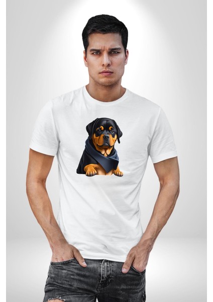 Puppy Köpek Rottweiler Kadın Erkek Unisex Beyaz Organik Baskılı T-Shirt Penye Yüksek Kalite
