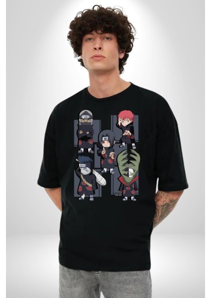 Naruto Shippuden Anti Leaf Grup Pamuklu Bisiklet Yaka Kadın Erkek Oversize Boyfriend Dijital Baskılı Siyah T-Shirt