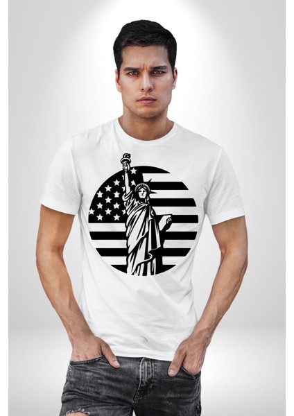 Özgürlük Anıtı ve Amerikan Bayrağı Silüeti Kadın Erkek Unisex Beyaz Organik Baskılı T-Shirt Penye Yüksek Kalite fiyatları