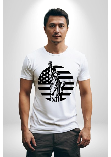 Özgürlük Anıtı ve Amerikan Bayrağı Silüeti Kadın Erkek Unisex Beyaz Organik Baskılı T-Shirt Penye Yüksek Kalite fırsatları