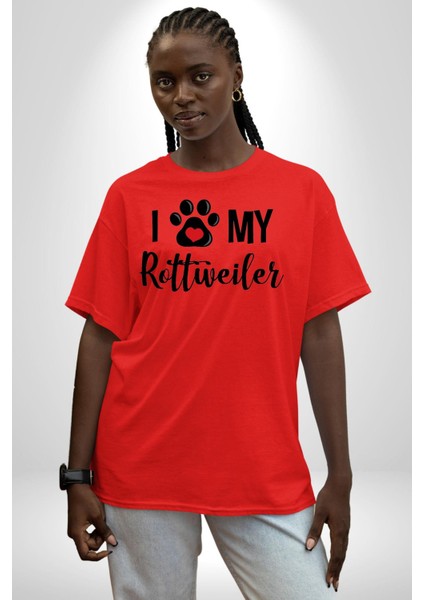 Köpek Sevgisi Rottweiler Pamuklu Bisiklet Yaka Kadın Erkek Oversize Boyfriend Dijital Baskılı Kırmızı T-Shirt