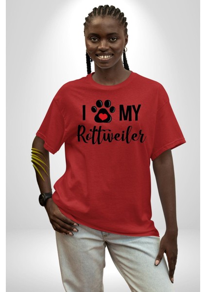 Köpek Sevgisi Rottweiler Pamuklu Bisiklet Yaka Kadın Erkek Oversize Boyfriend Dijital Baskılı Kırmızı T-Shirt fırsatları