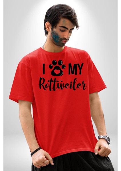 Köpek Sevgisi Rottweiler Pamuklu Bisiklet Yaka Kadın Erkek Oversize Boyfriend Dijital Baskılı Kırmızı T-Shirt indirimleri
