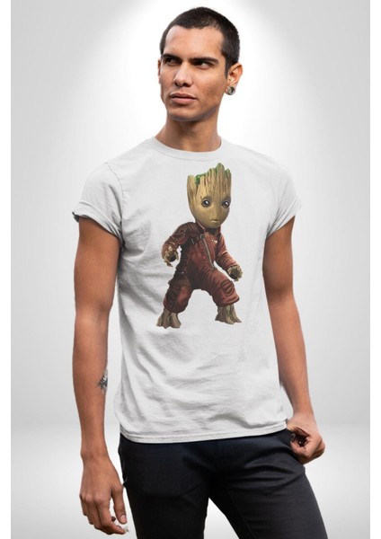 Bebek Groot Guardians Galaxy Kadın Erkek Unisex Beyaz Organik Baskılı T-Shirt Penye Yüksek Kalite