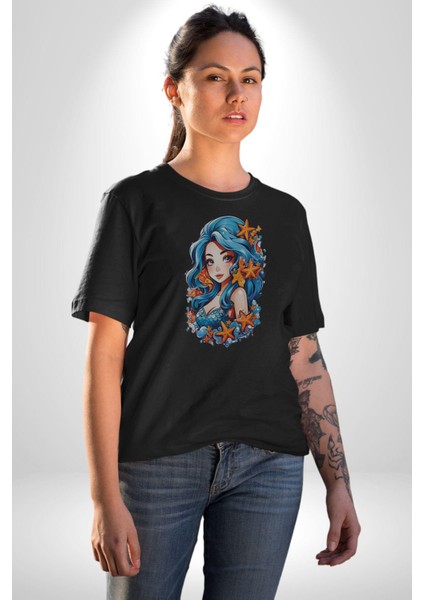Deniz Kızı Deniz Yıldızı Mavi Saçlı Kadın Erkek Unisex Siyah Organik Baskılı T-Shirt Penye Yüksek Kalite