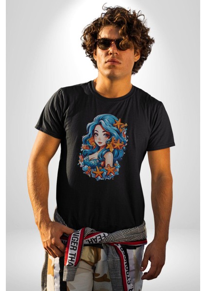 Deniz Kızı Deniz Yıldızı Mavi Saçlı Kadın Erkek Unisex Siyah Organik Baskılı T-Shirt Penye Yüksek Kalite modelleri