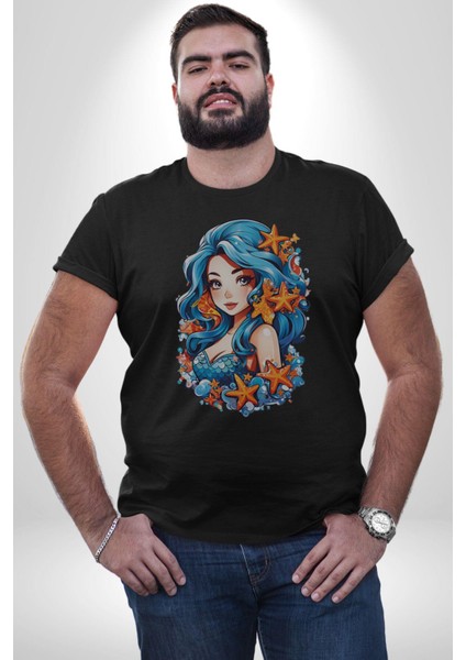 Deniz Kızı Deniz Yıldızı Mavi Saçlı Kadın Erkek Unisex Siyah Organik Baskılı T-Shirt Penye Yüksek Kalite indirimleri