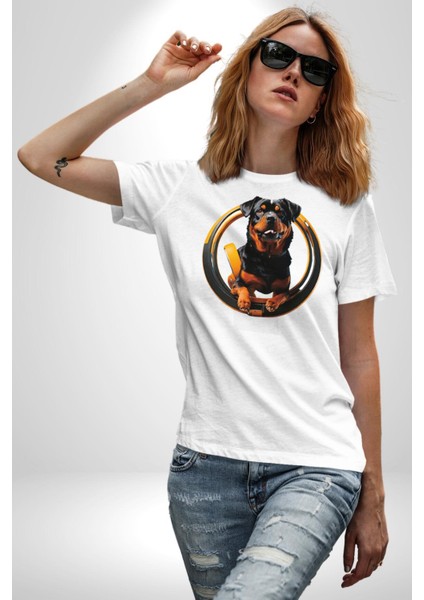 Süper Tasma Rottweiler Eğitim Kadın Erkek Unisex Beyaz Organik Baskılı T-Shirt Penye Yüksek Kalite