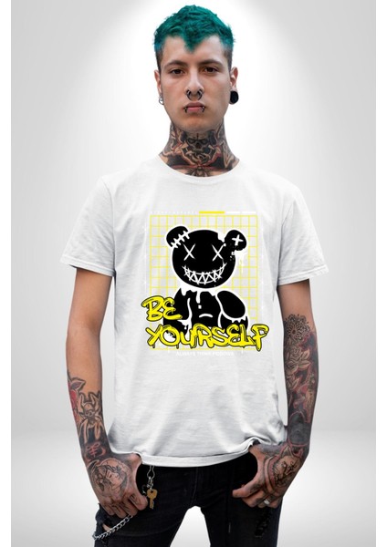 Kendin Ol Kadın Erkek Unisex Beyaz Organik Baskılı T-Shirt Penye Yüksek Kalite
