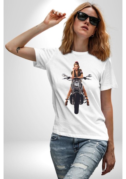 Motosiklet Kadın Kadın Erkek Unisex Beyaz Organik Baskılı T-Shirt Penye Yüksek Kalite