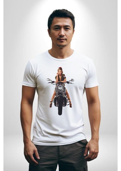 Motosiklet Kadın Kadın Erkek Unisex Beyaz Organik Baskılı T-Shirt Penye Yüksek Kalite fiyatları