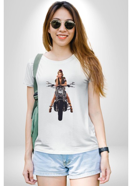 Motosiklet Kadın Kadın Erkek Unisex Beyaz Organik Baskılı T-Shirt Penye Yüksek Kalite indirimleri