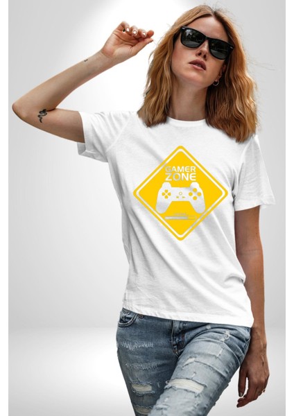 Game Oyun Alanı Kadın Erkek Unisex Beyaz Organik Baskılı T-Shirt Penye Yüksek Kalite