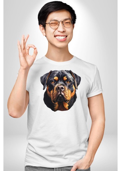 Rottweiler Kafası Kadın Erkek Unisex Beyaz Organik Baskılı T-Shirt Penye Yüksek Kalite