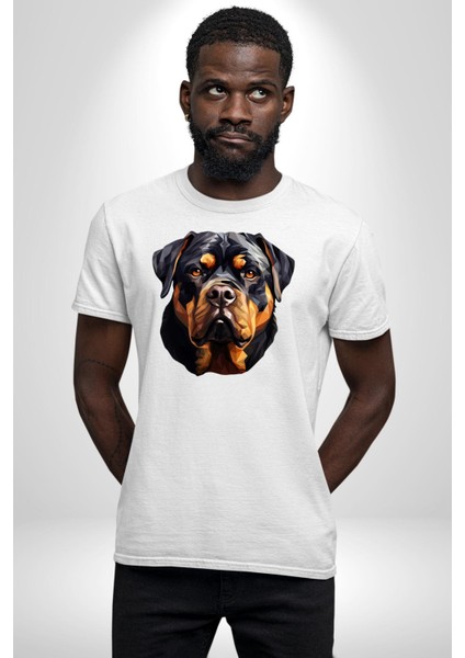 Rottweiler Kafası Kadın Erkek Unisex Beyaz Organik Baskılı T-Shirt Penye Yüksek Kalite