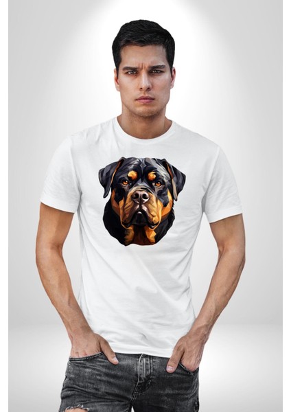 Rottweiler Kafası Kadın Erkek Unisex Beyaz Organik Baskılı T-Shirt Penye Yüksek Kalite