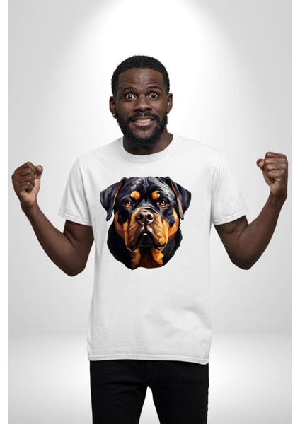 Rottweiler Kafası Kadın Erkek Unisex Beyaz Organik Baskılı T-Shirt Penye Yüksek Kalite