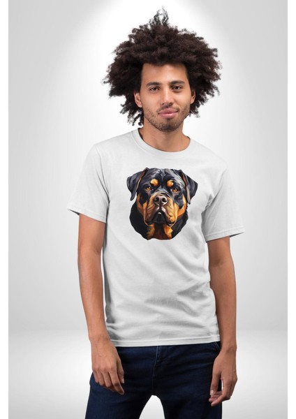 Rottweiler Kafası Kadın Erkek Unisex Beyaz Organik Baskılı T-Shirt Penye Yüksek Kalite