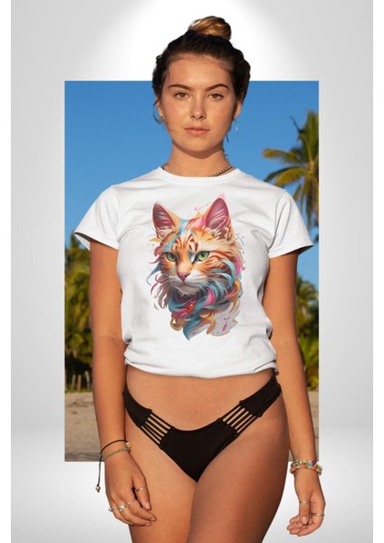 Hayvan Kedi Sanat Potre Kadın Erkek Unisex Beyaz Organik Baskılı T-Shirt Penye Yüksek Kalite