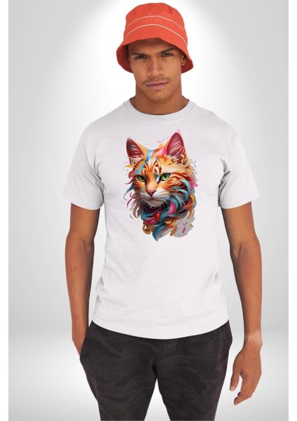 Hayvan Kedi Sanat Potre Kadın Erkek Unisex Beyaz Organik Baskılı T-Shirt Penye Yüksek Kalite fiyatları