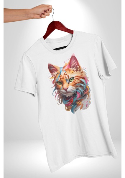 Hayvan Kedi Sanat Potre Kadın Erkek Unisex Beyaz Organik Baskılı T-Shirt Penye Yüksek Kalite modelleri