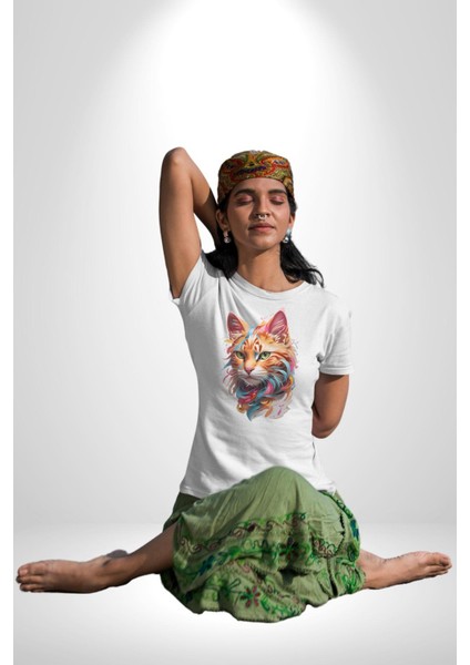 Hayvan Kedi Sanat Potre Kadın Erkek Unisex Beyaz Organik Baskılı T-Shirt Penye Yüksek Kalite fırsatları