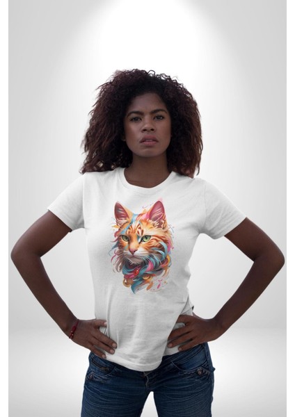 Hayvan Kedi Sanat Potre Kadın Erkek Unisex Beyaz Organik Baskılı T-Shirt Penye Yüksek Kalite indirimleri