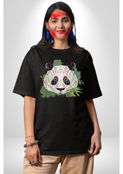 Panda Mandala Pamuklu Bisiklet Yaka Kadın Erkek Oversize Boyfriend Dijital Baskılı Siyah T-Shirt fiyatları