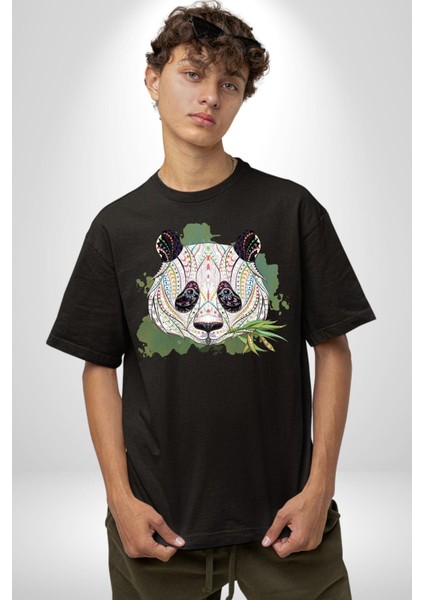 Panda Mandala Pamuklu Bisiklet Yaka Kadın Erkek Oversize Boyfriend Dijital Baskılı Siyah T-Shirt modelleri
