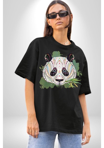 Panda Mandala Pamuklu Bisiklet Yaka Kadın Erkek Oversize Boyfriend Dijital Baskılı Siyah T-Shirt fırsatları