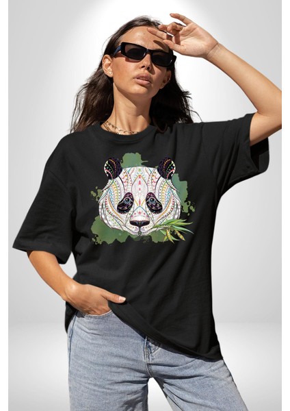 Panda Mandala Pamuklu Bisiklet Yaka Kadın Erkek Oversize Boyfriend Dijital Baskılı Siyah T-Shirt indirimleri